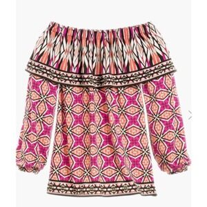 Chico's Blouse Womens Small Multi Color Boho Ruffle Soft Stretch Cold‎ Shoulder